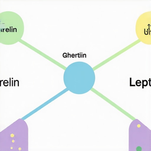 Molecular diagram illustrating hormonal pathways of ghrelin and leptin affected by Semaglutide