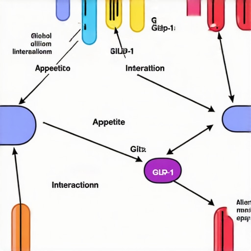 Illustration of hormonal pathways affecting appetite and fat metabolism, emphasizing GLP-1