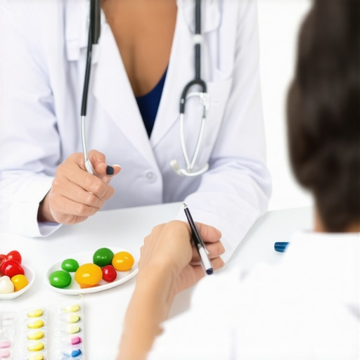 Doctor discussing weight loss plan with patient, including medication and lifestyle tips.