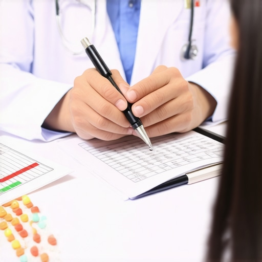 Doctor discussing weight loss strategies with a patient using charts and medication plans.