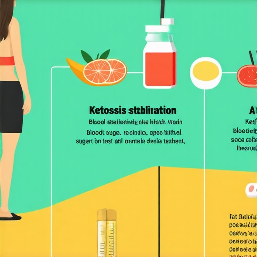 Diagram showing ketosis, blood sugar stabilization, and fat burning pathways in weight loss process.