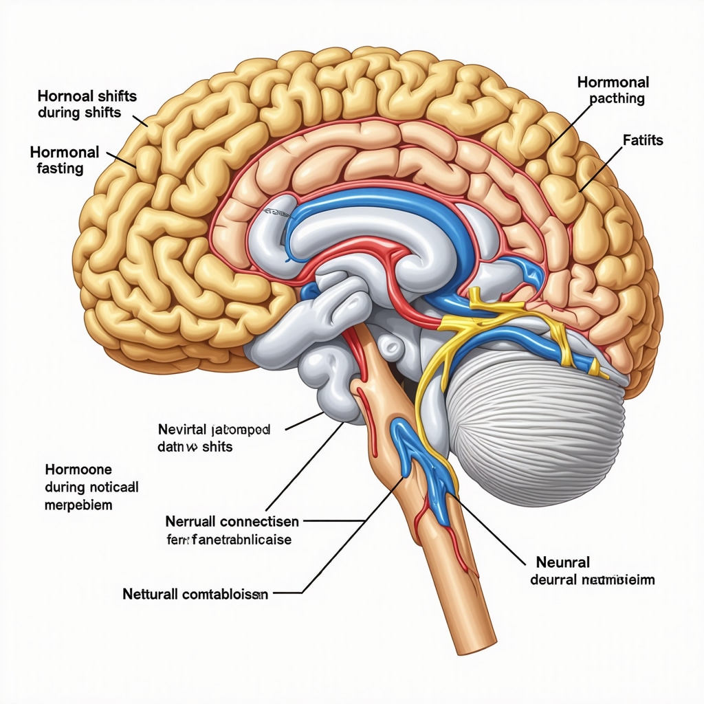 Diagram illustrating hypothalamic neuropeptide regulation and hormonal interactions during semaglutide treatment combined with fasting.
