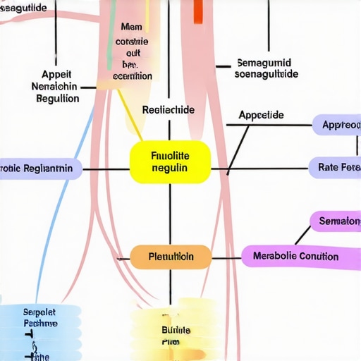 Diagram showing neuroendocrine pathways influenced by semaglutide, including appetite and metabolism.
