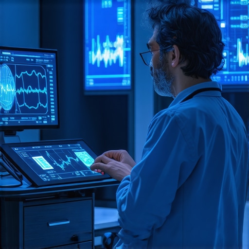 A high-tech medical clinic with digital health monitors and a healthcare professional analyzing data