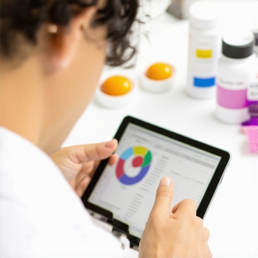 A healthcare professional reviewing metabolic data on a tablet with supplements and diet charts in background.