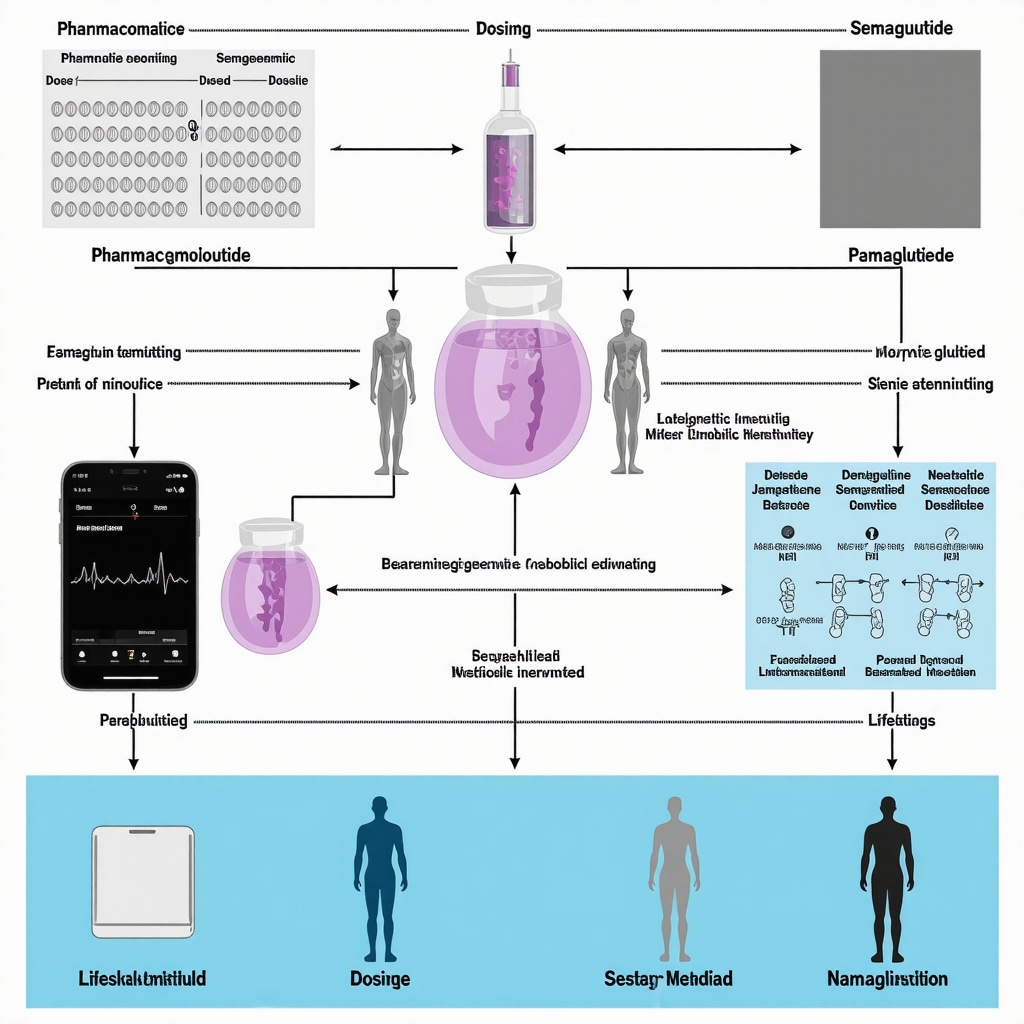 Diagram illustrating customized dosing protocols for Semaglutide based on genetic and metabolic data, integrated with lifestyle strategies.