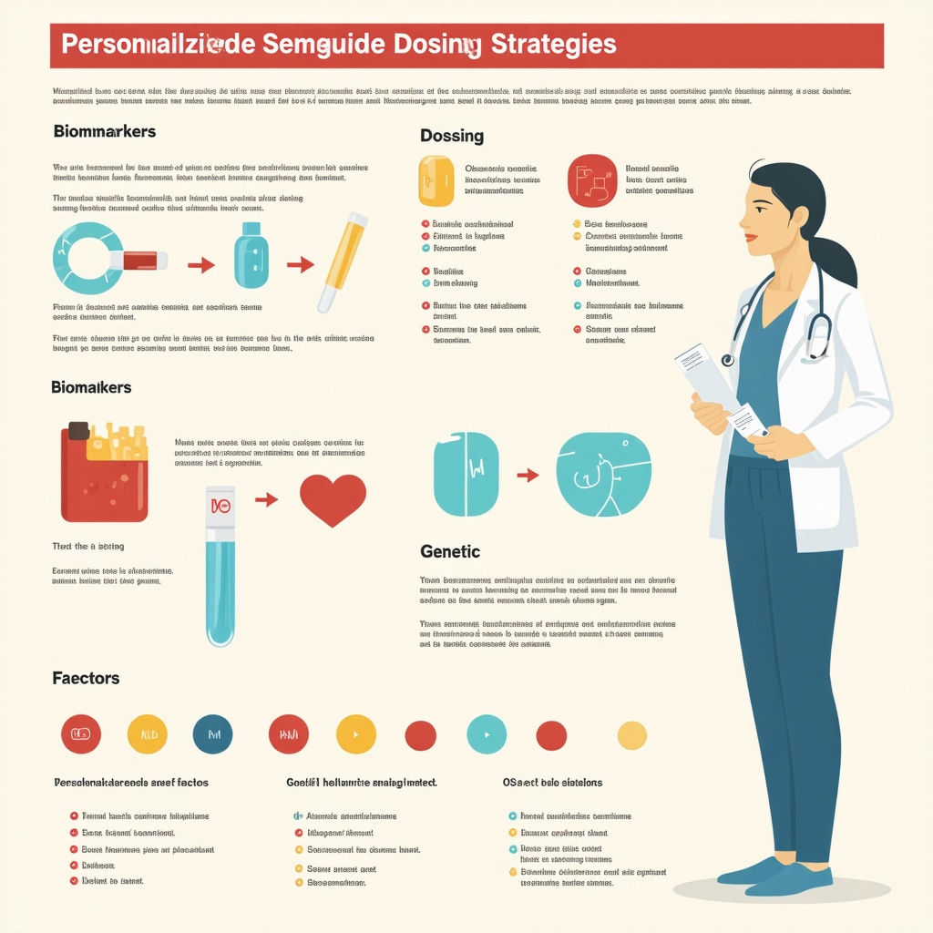 Infographic showing personalized approaches to semaglutide dosing with biomarkers, genetics, and digital health