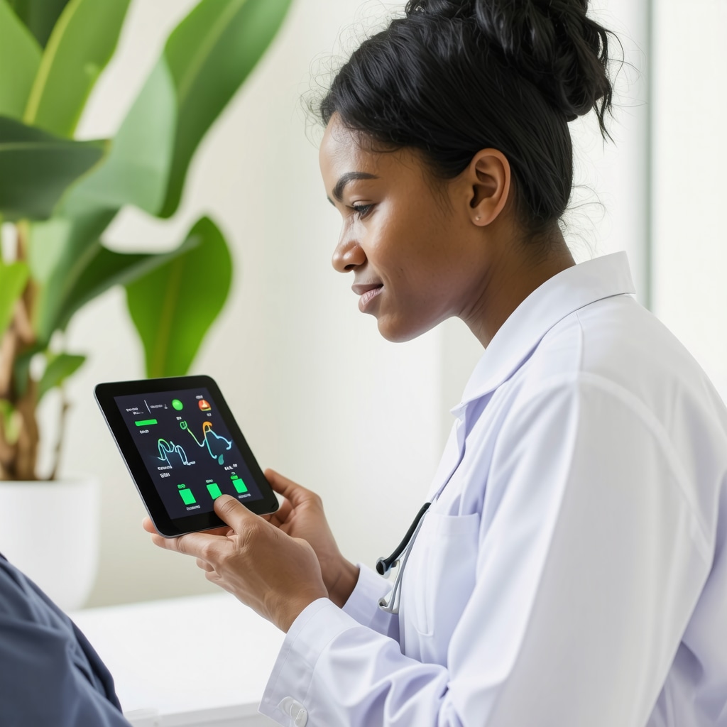 Doctor adjusting a digital health monitor for a patient undergoing semaglutide treatment, illustrating personalized care and technology