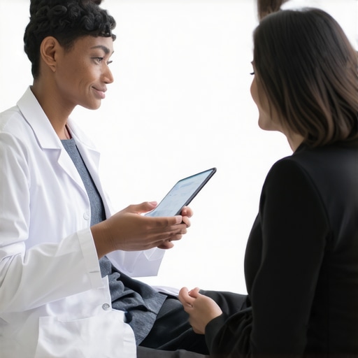 Doctor and patient discussing tailored weight loss strategies using digital health tools and biomarker analysis.