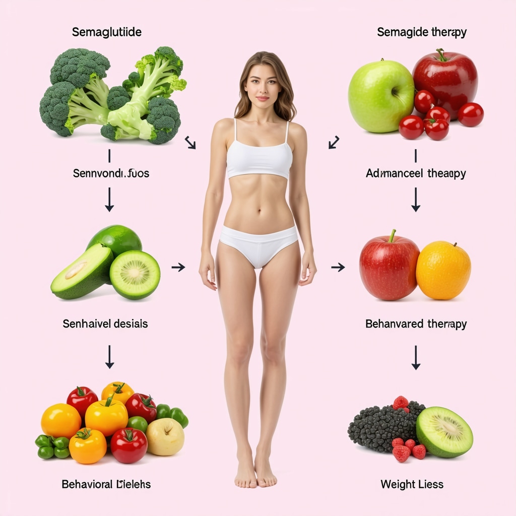 Illustration of customized weight loss plan combining medication, diet, and behavioral therapy