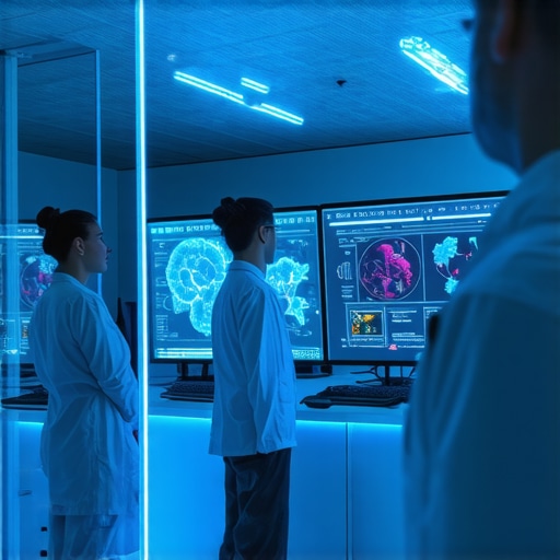 Futuristic medical clinic with advanced genetic and microbiome analysis tools for personalized weight loss treatments