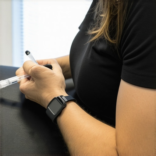Patient monitors glucose with CGM during fasting while a healthcare provider discusses medication plan, illustrating advanced weight management techniques.