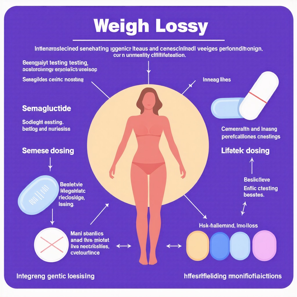 Infographic illustrating tailored weight loss strategies using genetic data, medication, and lifestyle