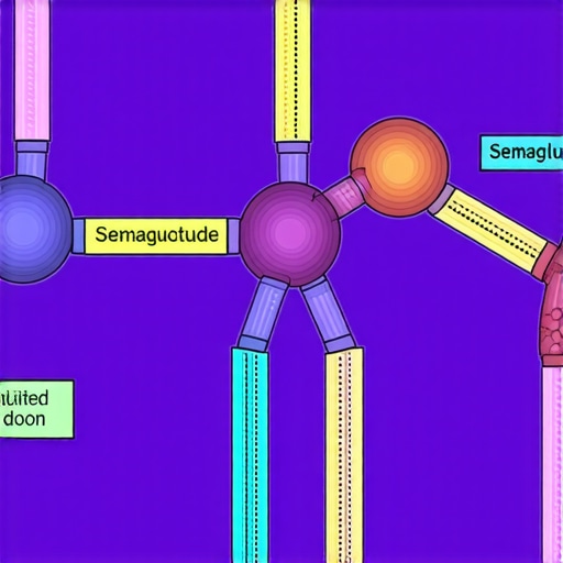 Scientific illustration showing Semaglutide molecule's effect on fat metabolism