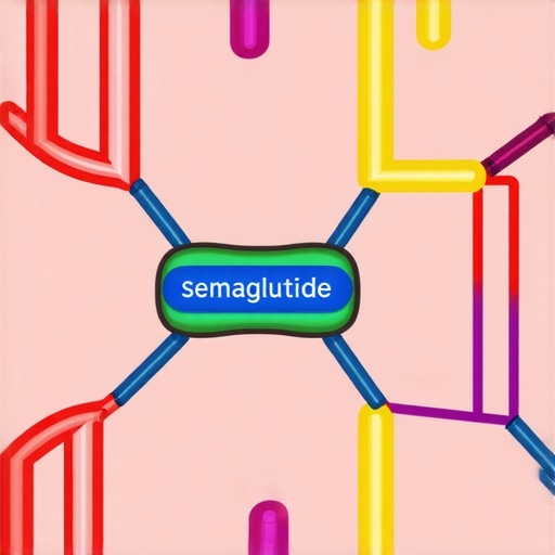 Illustration showing semaglutide molecule affecting neurohormonal pathways involved in appetite regulation