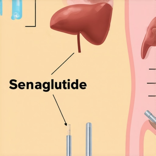 A detailed medical diagram showing how Semaglutide interacts with gut microbiota, liver function, and insulin pathways.