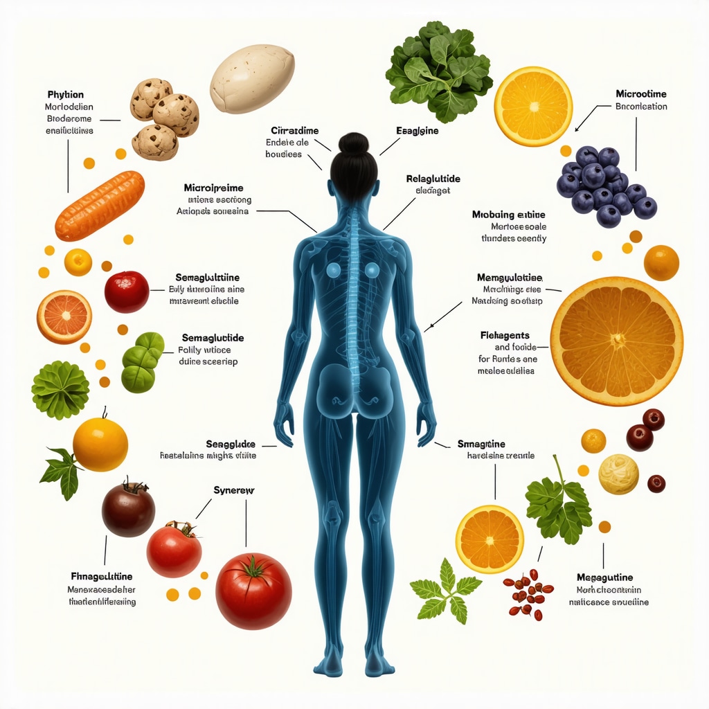 Diagram illustrating the integration of circadian eating, microbiome health, and Semaglutide for enhanced weight loss.