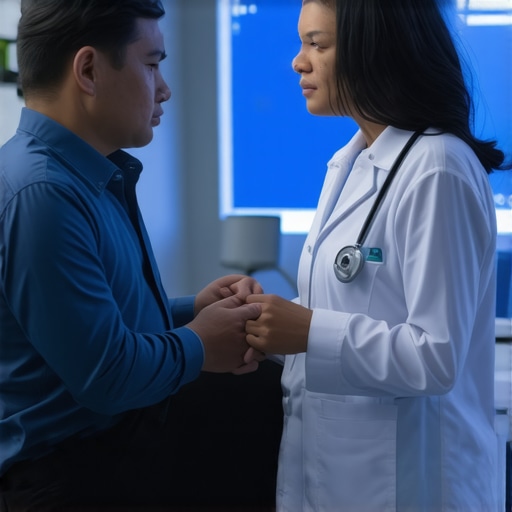 Doctor and patient discussing advanced weight loss strategies with futuristic medical devices.