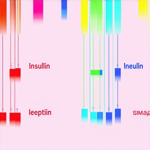 Diagram illustrating hormonal fluctuations during intermittent fasting and semaglutide therapy, focusing on insulin, ghrelin, and leptin levels.