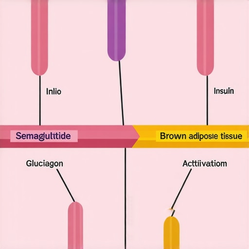 Illustration of hormonal interactions and brown adipose tissue activation during combined semaglutide and fasting.