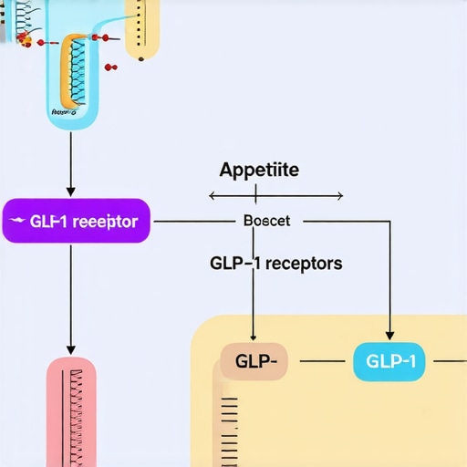 Diagram showing neurohormonal pathways involved in appetite control and interaction with GLP-1 receptors.
