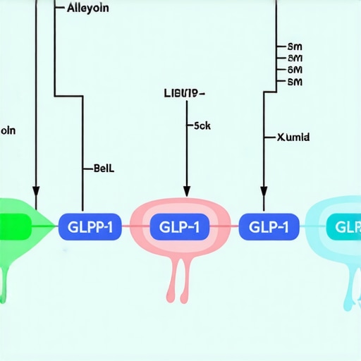 Neuroendocrine pathways involved in appetite and satiety, showing interactions with GLP-1 receptors