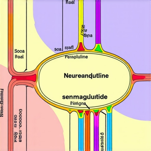 Diagram showing neural circuits and hormonal pathways influenced by semaglutide in weight regulation