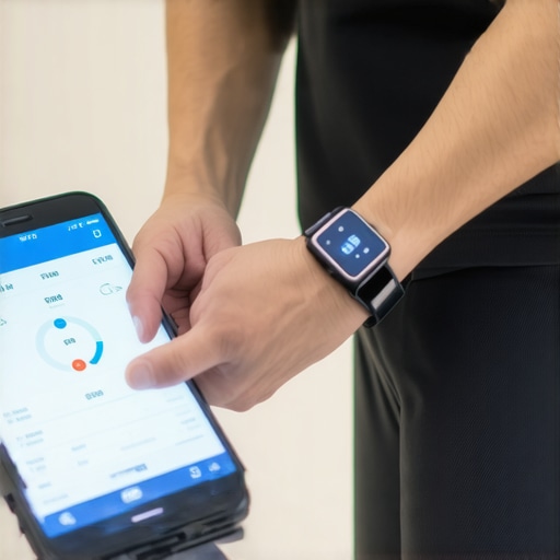 Digital Health Monitoring for Weight Loss A person in fitness attire using a smartphone app with wearable fitness devices, emphasizing tech-enhanced weight management