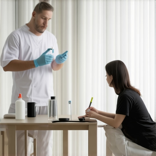 Medical professional with semaglutide injections and fasting lifestyle Doctor showing semaglutide injection technique with a person practicing intermittent fasting at home.