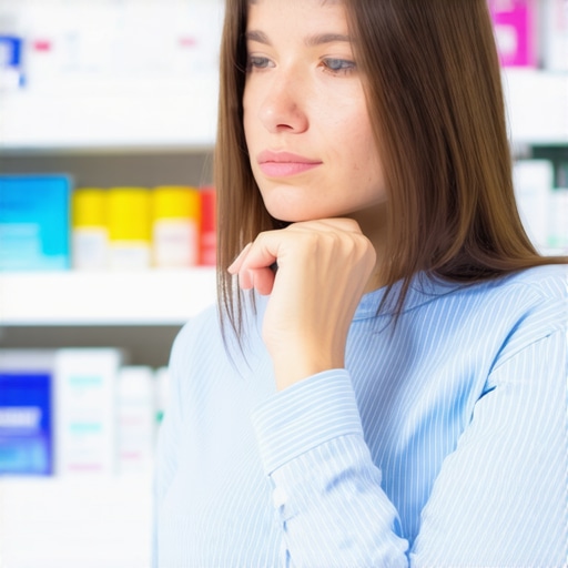 Person contemplating weight management options with pharmacy background